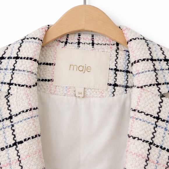 Maje Paris Ivory Tweed Blazer Gold Button Plaid Jacket Bouclé/Fringe TrimFR 34 - Picture 4 of 11